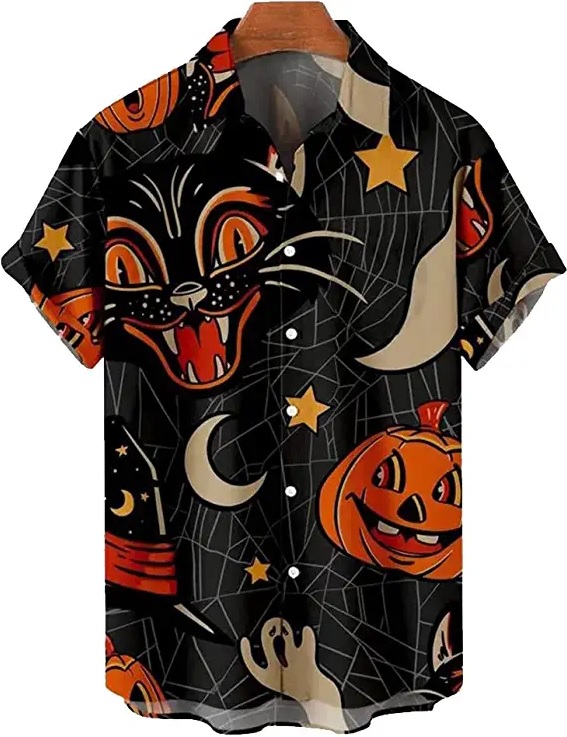 Retro Style Halloween Hawaiian Shirt Cat Ghosts Pumpkin